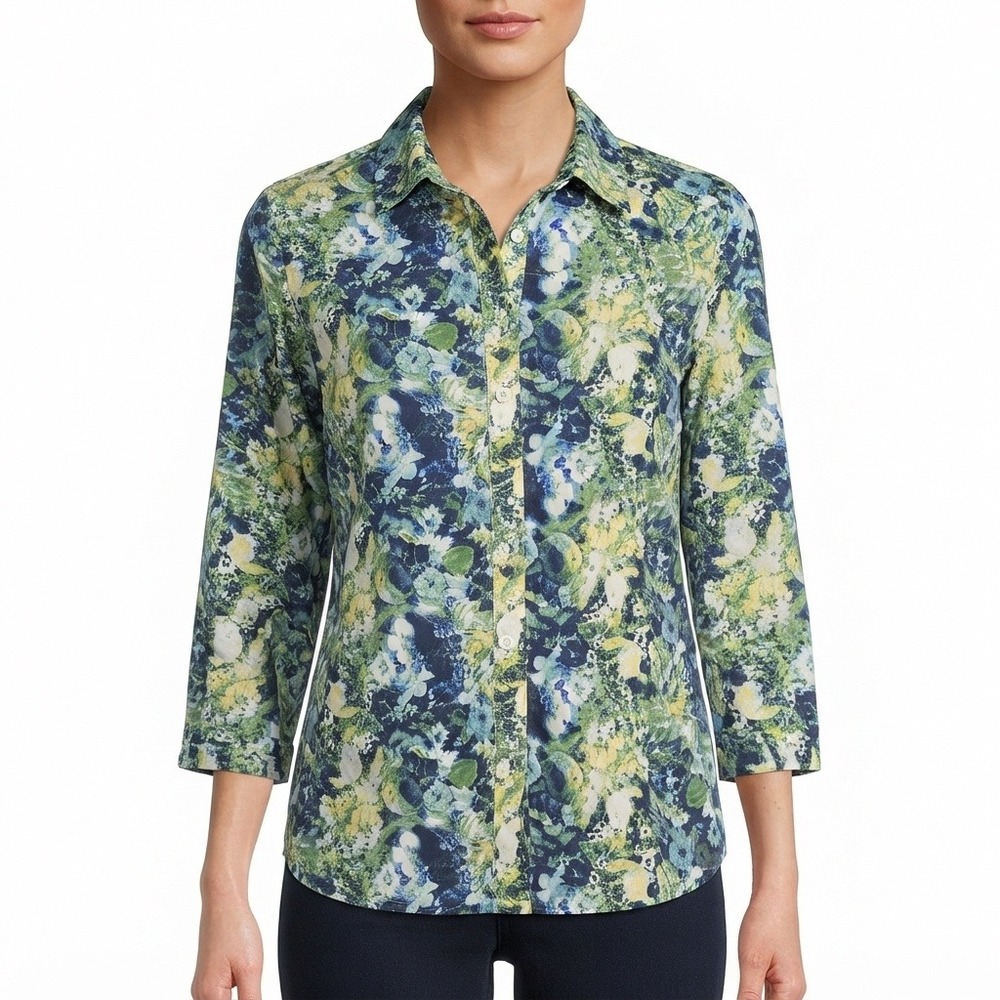 Breckenridge Shirt Womans Large Petite Green Blue Floral 100% Cotton 3/4 Sleeve